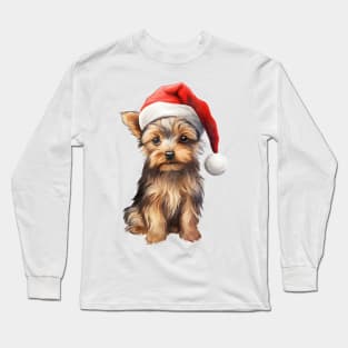 Yorkshire Terrier Dog in Santa Hat Long Sleeve T-Shirt